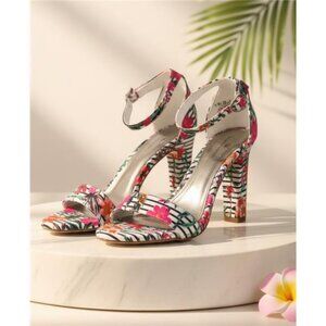 Worthington Womens Block Heel Sandals Floral Stripe Ankle Strap Shoes Size 7M